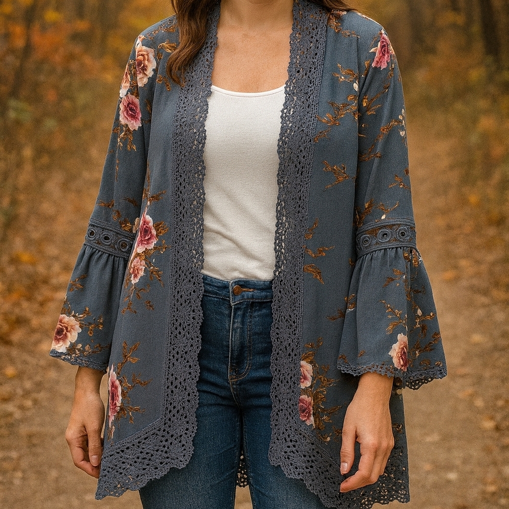 Floral and lace  three quarter bell sleeve cover up. Size L